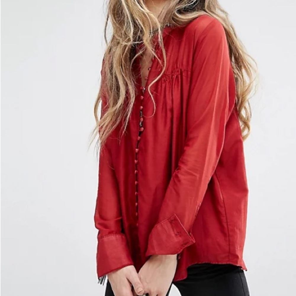NWOT free people through and through top deep red long sleeve cotton silk blouse